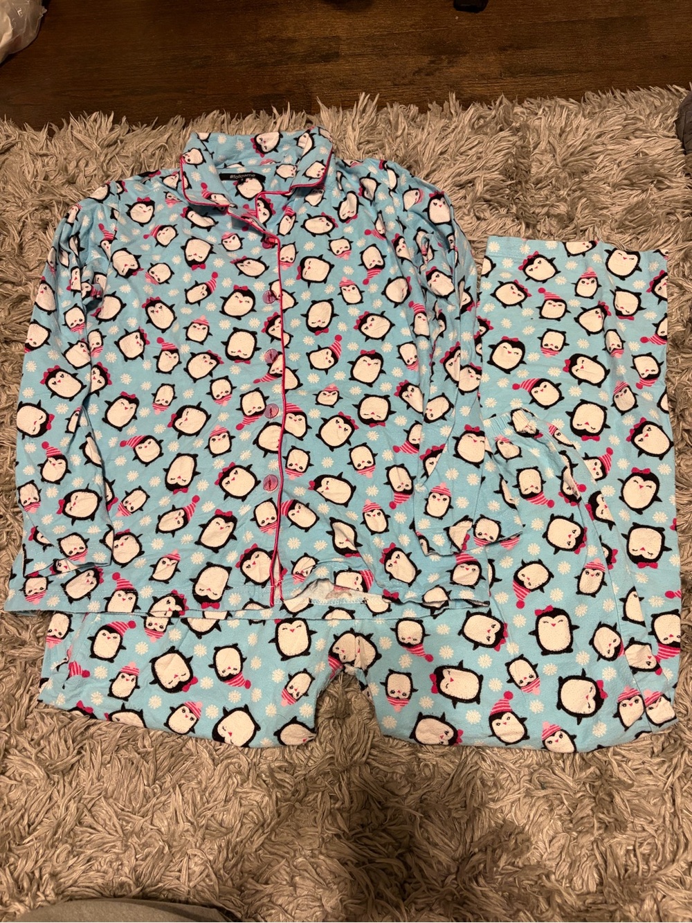 Women’s Light Blue Penguin-Print Pajama Set with Pink Trim